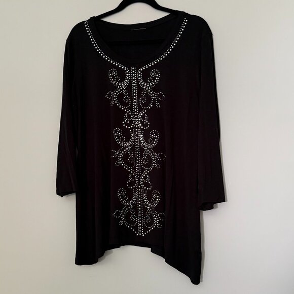 Embellished 3/4 Sleeve Round Neck Tunic Black Size XL - Picture 1 of 4